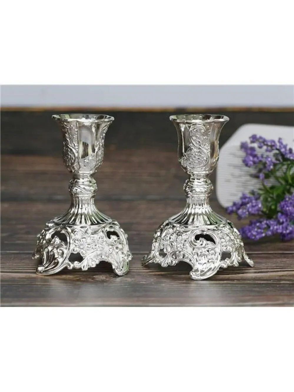Silver Metal Taper Candle Holders Set of 2 Engraved Decorative Candlestick Decor